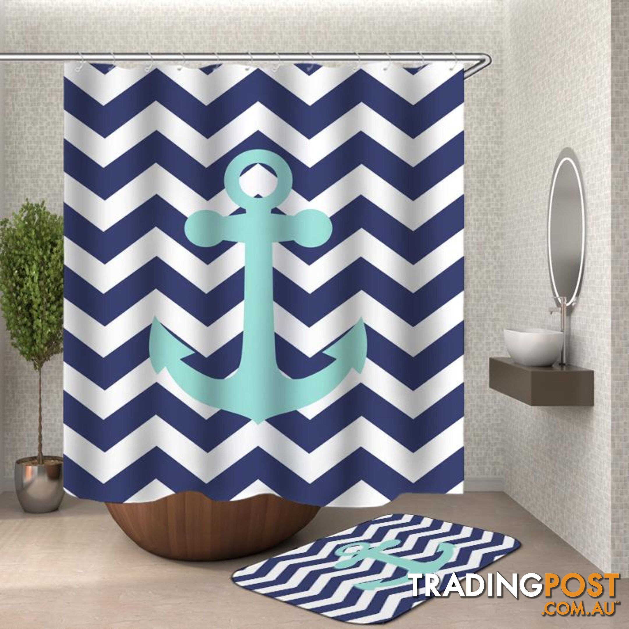 Blue White Chevron Anchor Shower Curtain - Curtain - 7427046119610