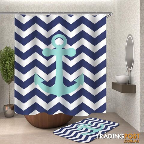 Blue White Chevron Anchor Shower Curtain - Curtain - 7427046119610