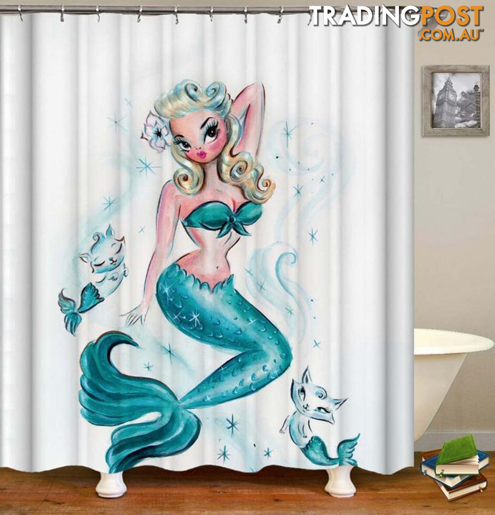 Turquoise Cartoon Mermaid Shower Curtain - Curtain - 7427046133388