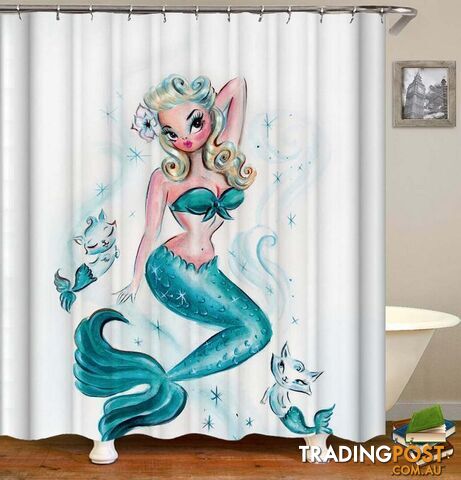 Turquoise Cartoon Mermaid Shower Curtain - Curtain - 7427046133388