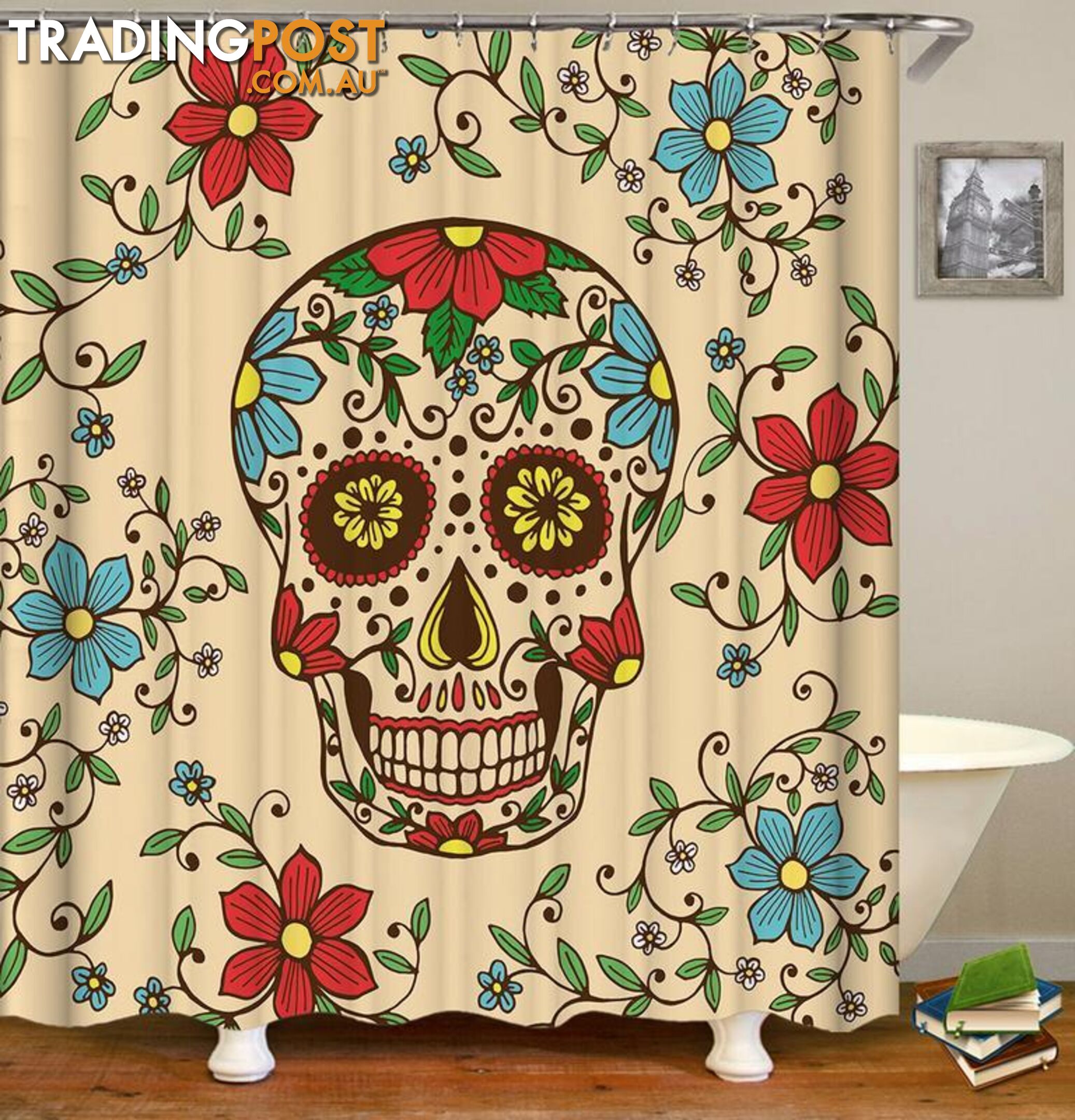 Red And Blue Flowers Skull Shower Curtain - Curtain - 7427046025959