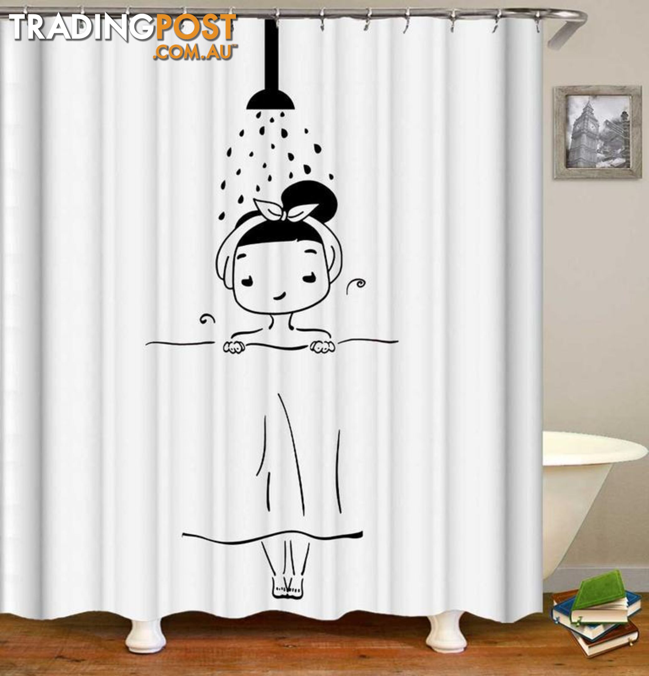 Showering Girl Black And White Drawing Shower Curtain - Curtain - 7427046093651