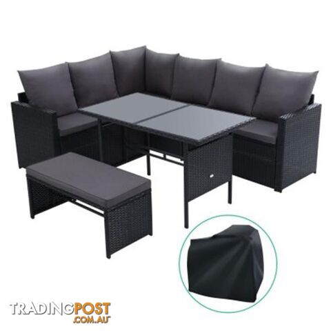 Outdoor Furniture Dining Sofa Set Wicker 8 Seater Storage Cover Black - Gardeon - 7427046204507