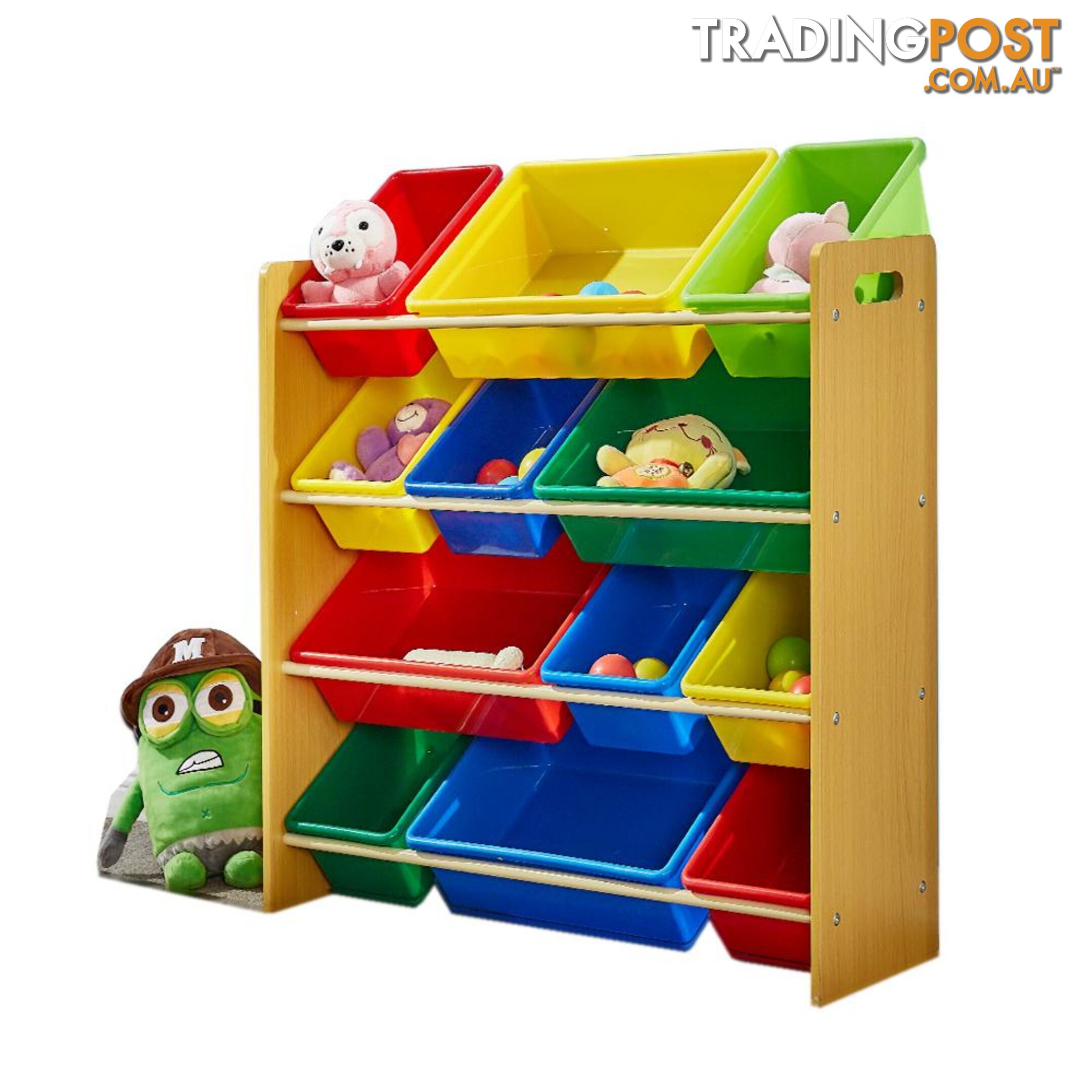 4 Tier Wooden Kids Children Organizer Bookshelf With 12 Plastic Bins - Unbranded - 787976570798