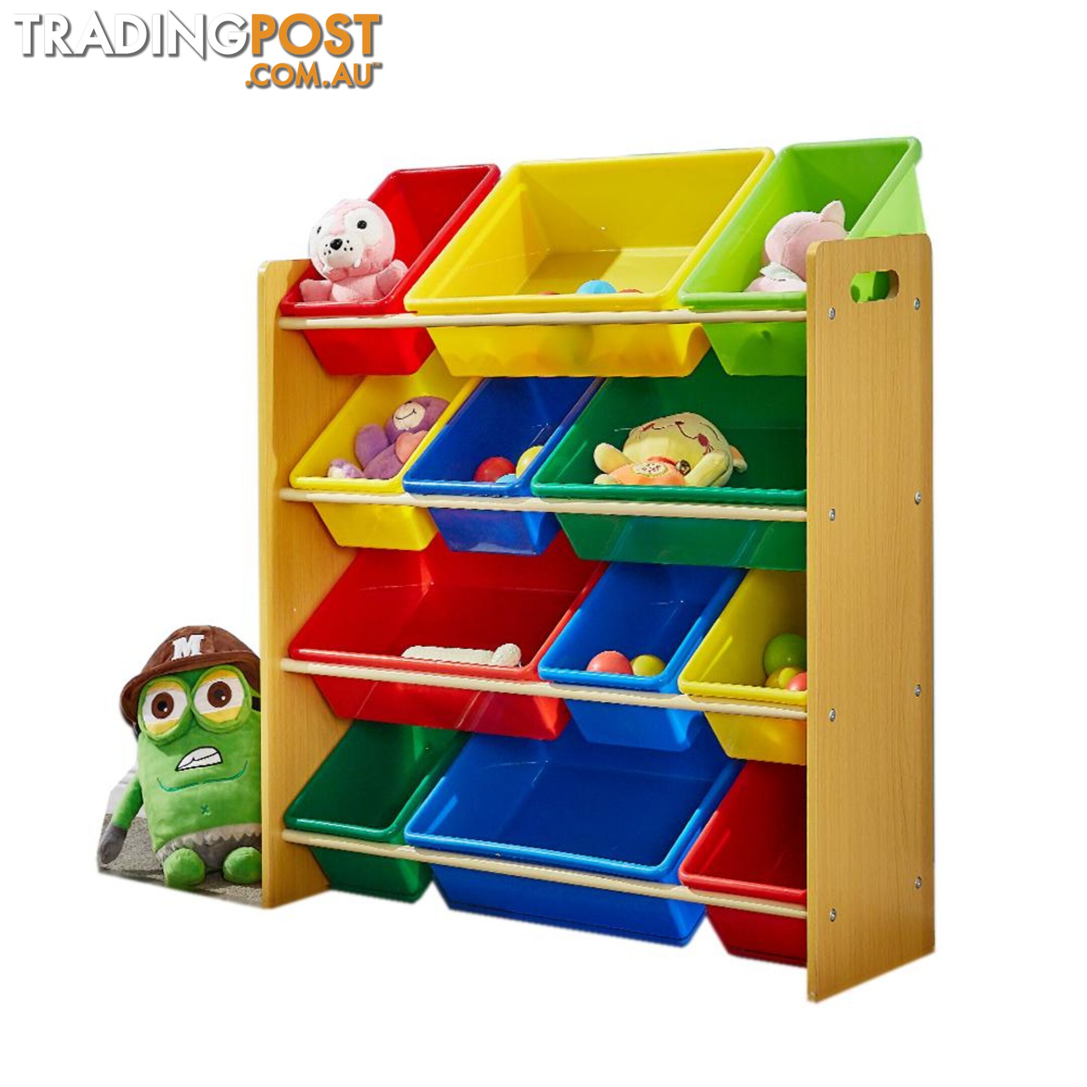 4 Tier Wooden Kids Children Organizer Bookshelf With 12 Plastic Bins - Unbranded - 787976570798