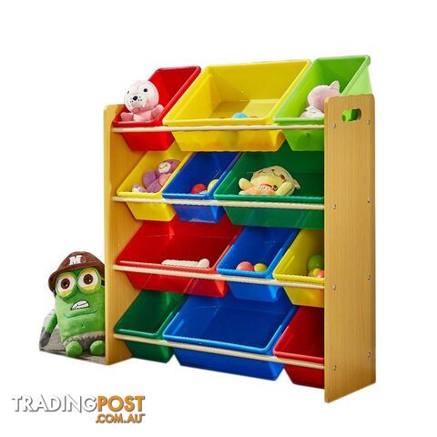 4 Tier Wooden Kids Children Organizer Bookshelf With 12 Plastic Bins - Unbranded - 787976570798
