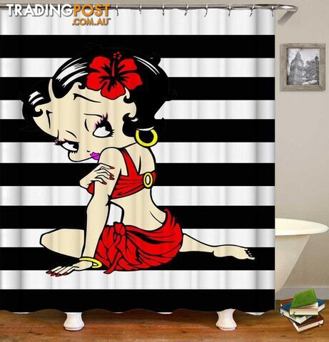 Sexy Betty Boop Over Black And White Stripes Shower Curtain - Curtain - 7427046054157