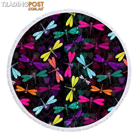 Colorful Dragonflies Over Black Beach Towel - Towel - 7427046343817