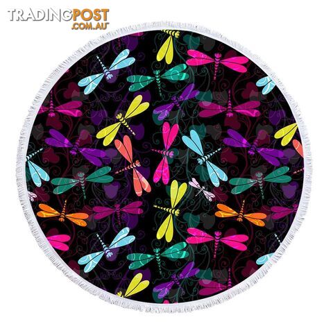 Colorful Dragonflies Over Black Beach Towel - Towel - 7427046343817