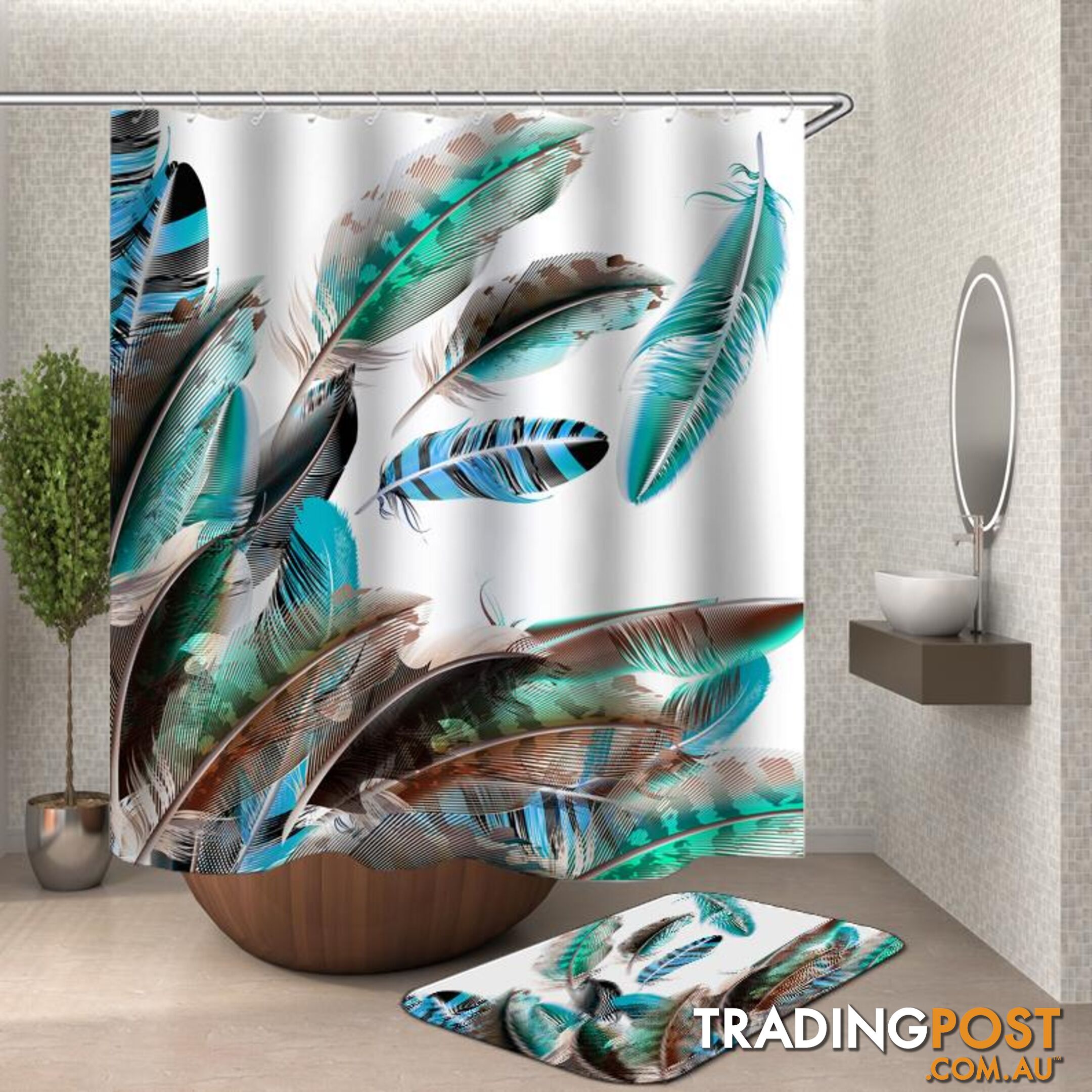 Turquoise Teal Feathers Shower Curtain - Curtain - 7427046119146