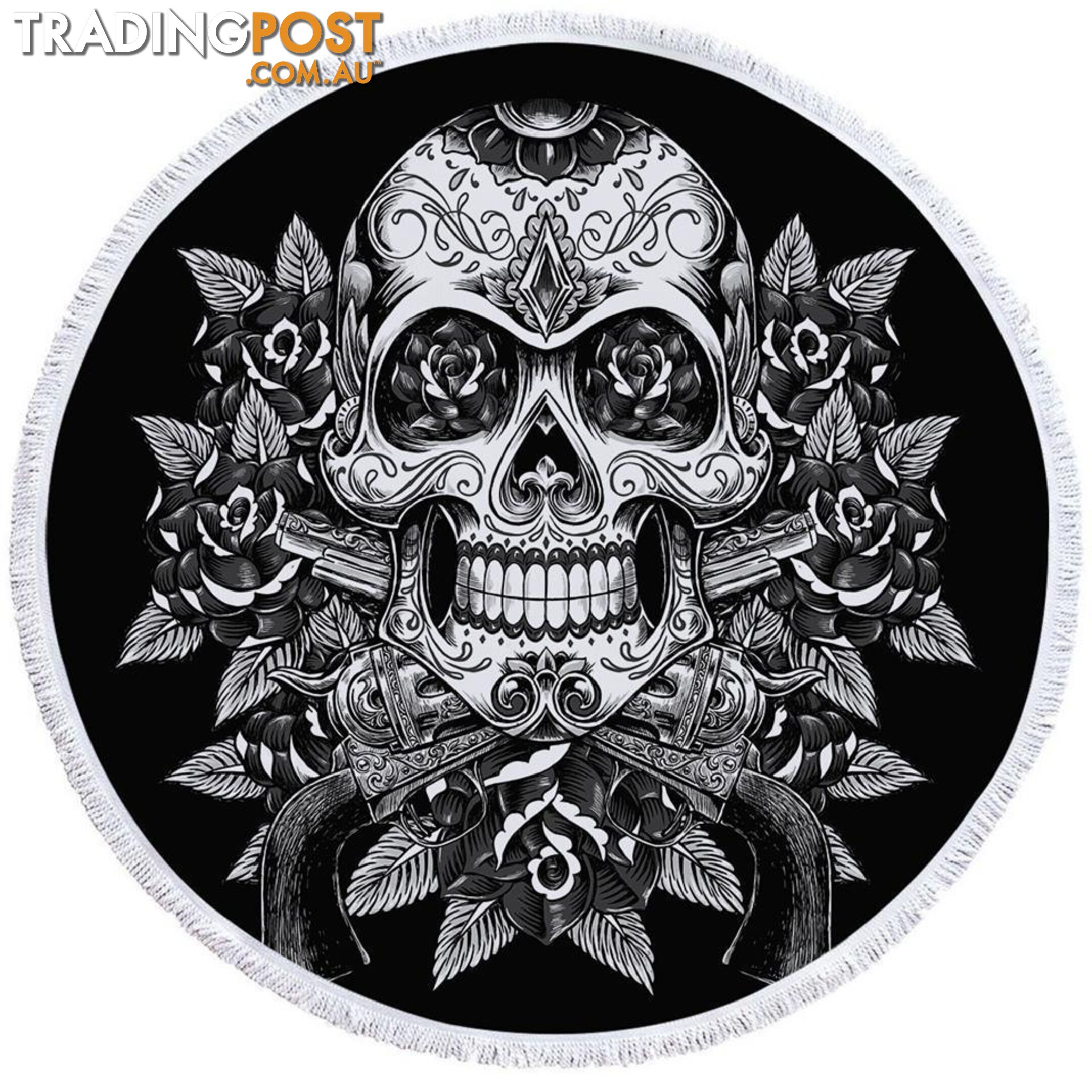 Black and White Skull Guns and Roses Beach Towel - Towel - 7427046320795