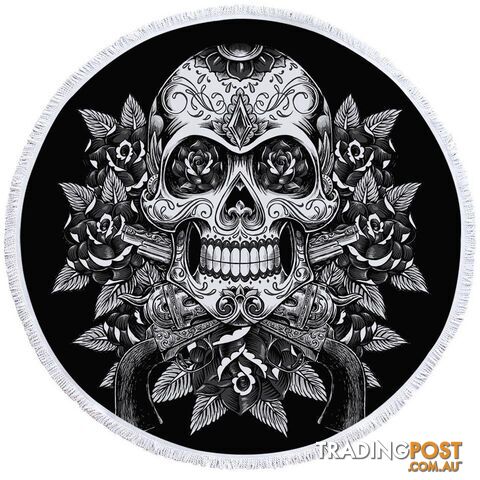 Black and White Skull Guns and Roses Beach Towel - Towel - 7427046320795