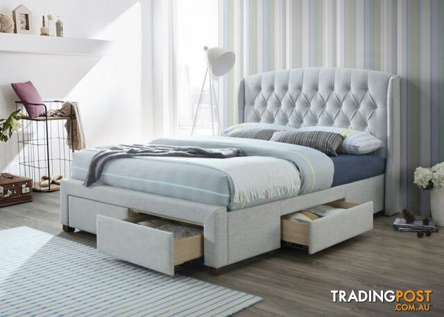 VI Kingston Fabric Upholstered Bed with 2 Drawers - Stone SKU: VO-FBD-GRY