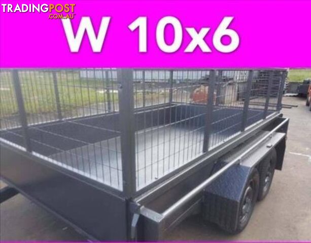 10x6 TANDEM TRAILER WTH CAGE 2000KG 1 PCE FOLD FULL CHECKER PLATE