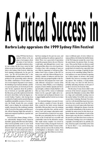 A Critical Success in an Uncertain Climate: Barbra Luby Appraises the 1999 Sydney Film Festival