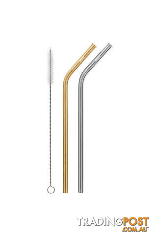 Cheeki 2 Pack Bent Stainless Steel Straws - Silver, Gold & Cleaning Brush - SB2PSG2