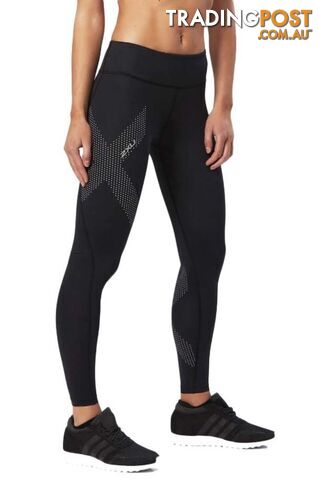 2XU Womens Mid-Rise Compression Tights - Black/Dotted Reflective Logo - S - WA2864b-BLK-DRF-S