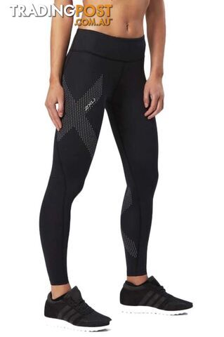 2XU Womens Mid-Rise Compression Tights - Black/Dotted Reflective Logo - WA2864b-BLK-DRF