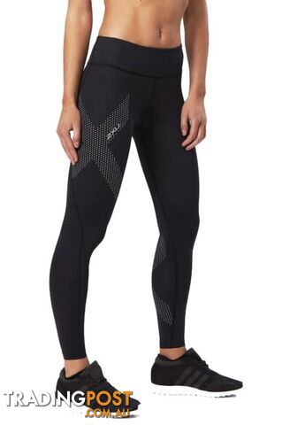 2XU Womens Mid-Rise Compression Tights - Black/Dotted Reflective Logo - L - WA2864b-BLK-DRF-L