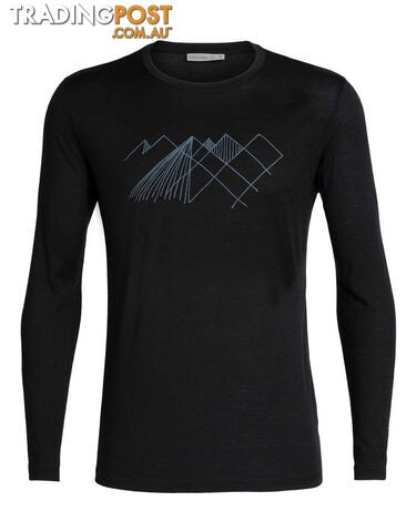 Icebreaker Merino Tech Lite LS Crewe Mens T-Shirt - Geo Mountain - Black - XL -...