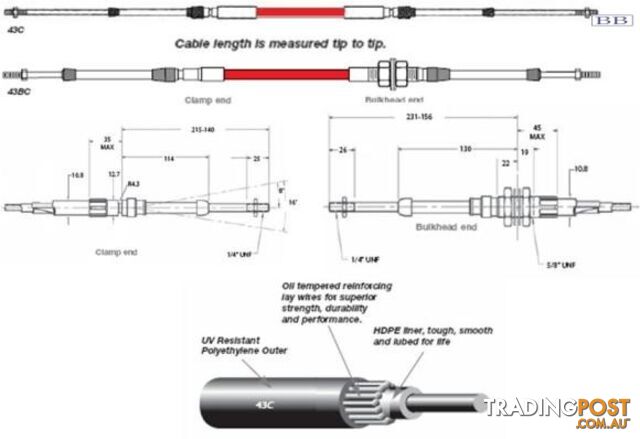 43B0625 TFX 43B cable, bulkhead end, 6.25m
