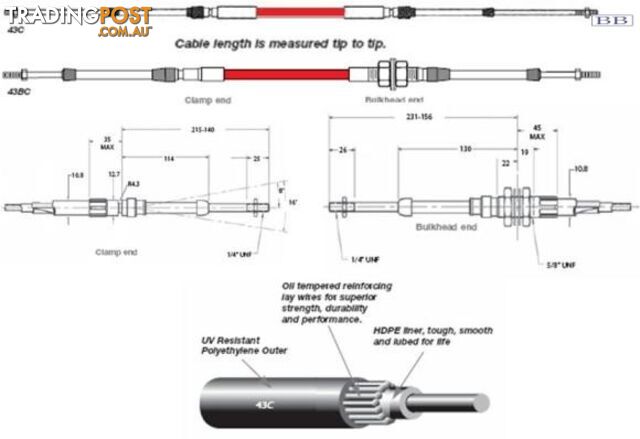 43B0700 TFX 43B cable, bulkhead end, 7.00m