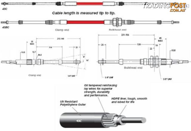 43B0300 TFX 43B cable, bulkhead end, 2.75m