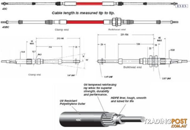 43B1000 TFX 43B cable, bulkhead end, 10.00m