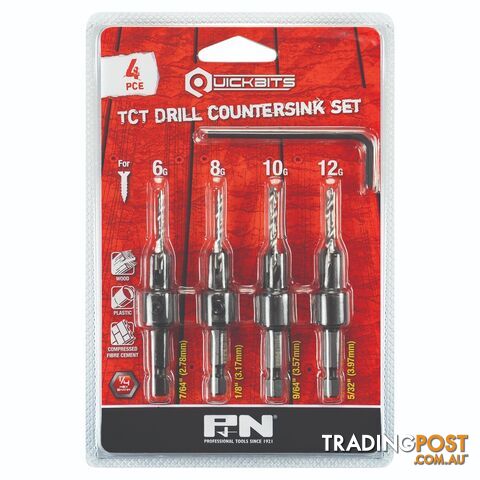 DRILL TCT & COUNTERSINK TCT SET QUICKBITS HEX SHANK 4PC P&N 107DC0004