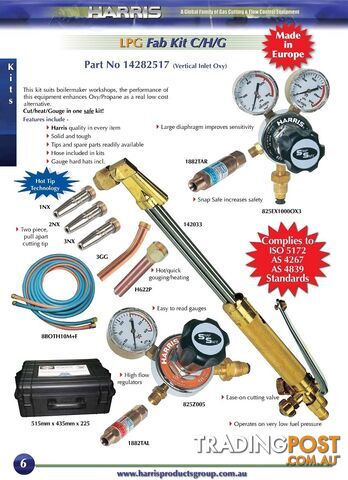 Fabricators Kit Oxy/LPG Model 825 Snap Safe Regulator for C/H/G Harris