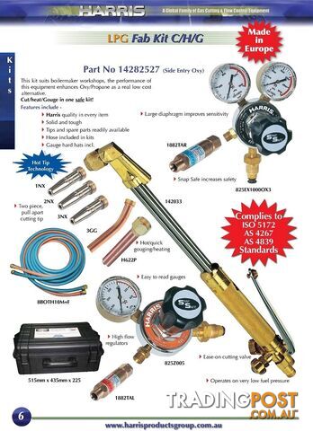 Harris Fabricators Kit Oxy/LPG Model 825 snap Safe side entry regs for C/H/G...