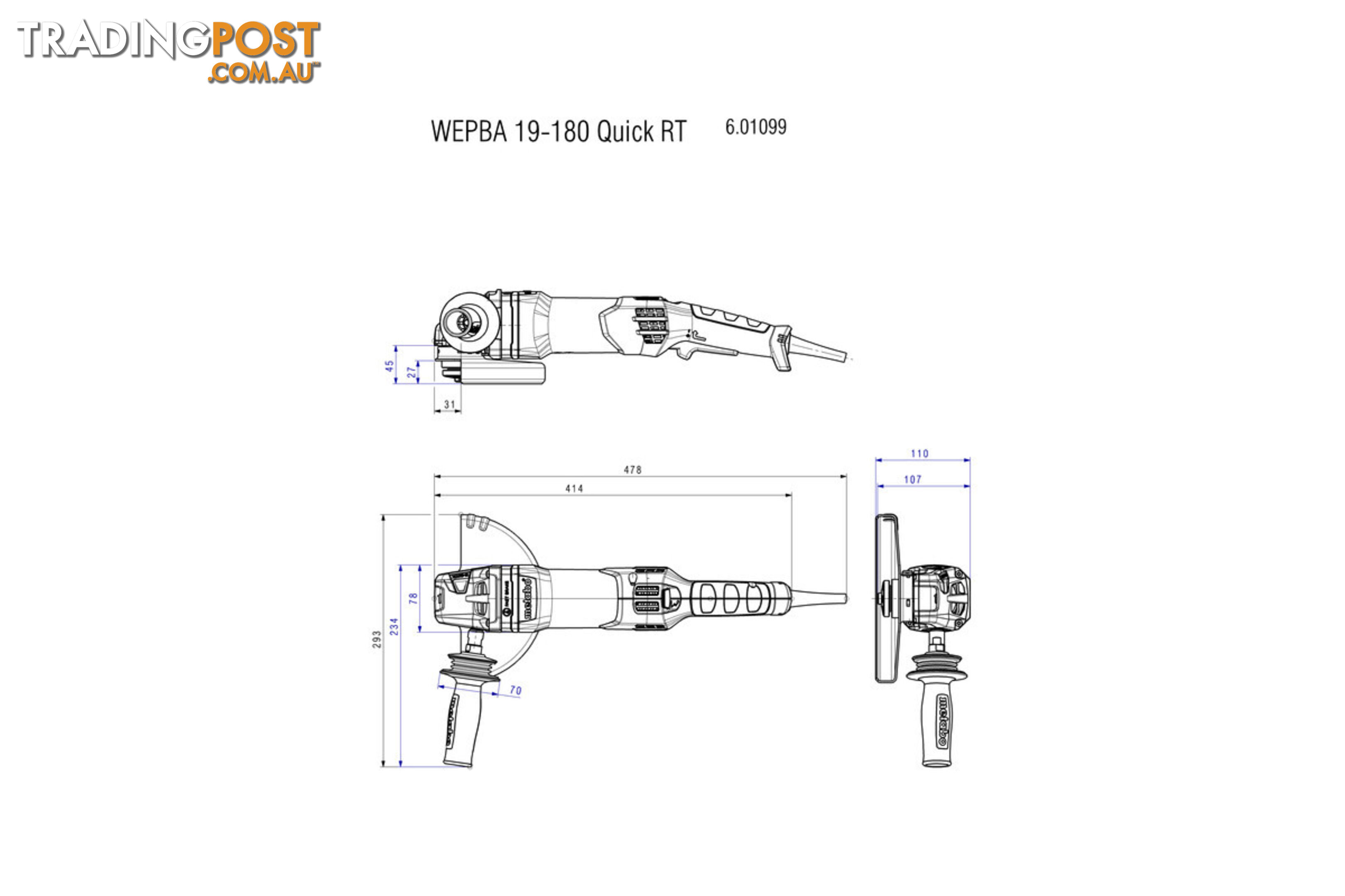 Angle Grinder 7" 180mm WEPBA 19-180 Quick RT Metabo 601099000