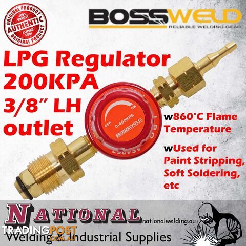 LPG Gaugeless Regulator Bossweld P/N:400122 Gas Regulators Conforms to AS/NZS 4267 2500 kPa maximum inlet pressure 5/8-18 UNF LH outlet thread Type - photo 2 of 3