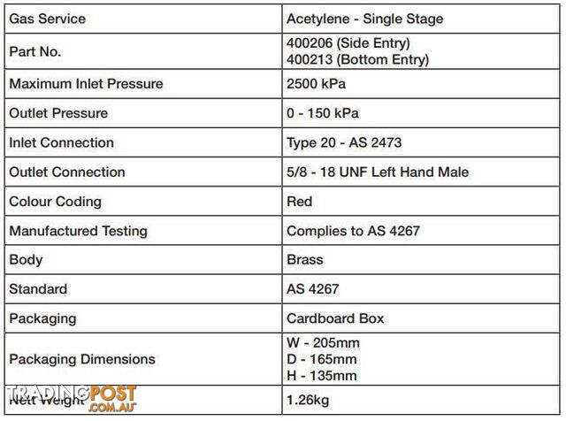 Acetylene Regulator 150 kPa Outlet Pressure 400213 - photo 3 of 3