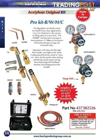 Harris Original Pro Oxy/Acet Kit with side entry snap safe regulator