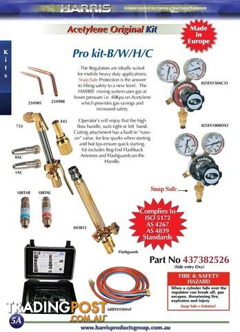 Harris Original Pro Oxy/Acet Kit with side entry snap safe regulator