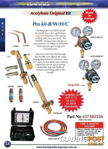 Harris Original Pro Oxy/Acet Kit with side entry snap safe regulator