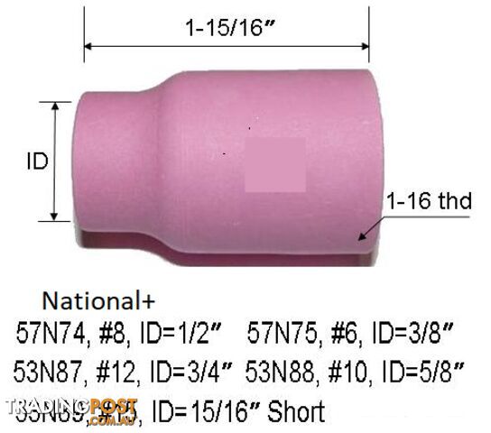 Large Diameter Alumina Nozzles For Gas Lens Size 12 (3/4") Suits 17/18/26 Torch 53N87 Pkt : 2