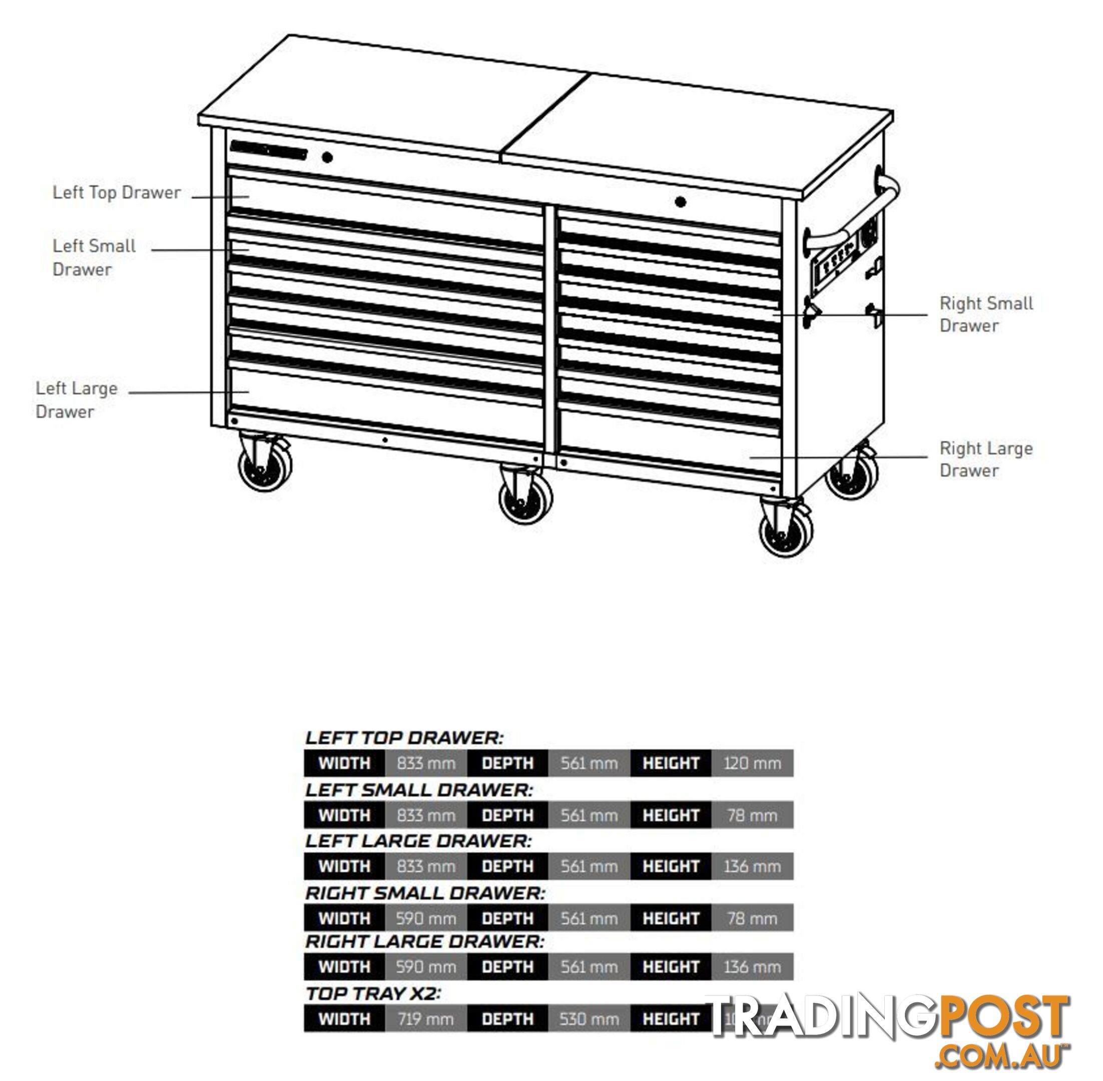 TRADE CENTRE Mobile Bench Twin Lid 13 Drawer (Trolley Only) Kincrome K7371