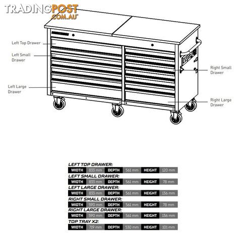 TRADE CENTRE Mobile Bench Twin Lid 13 Drawer (Trolley Only) Kincrome K7371