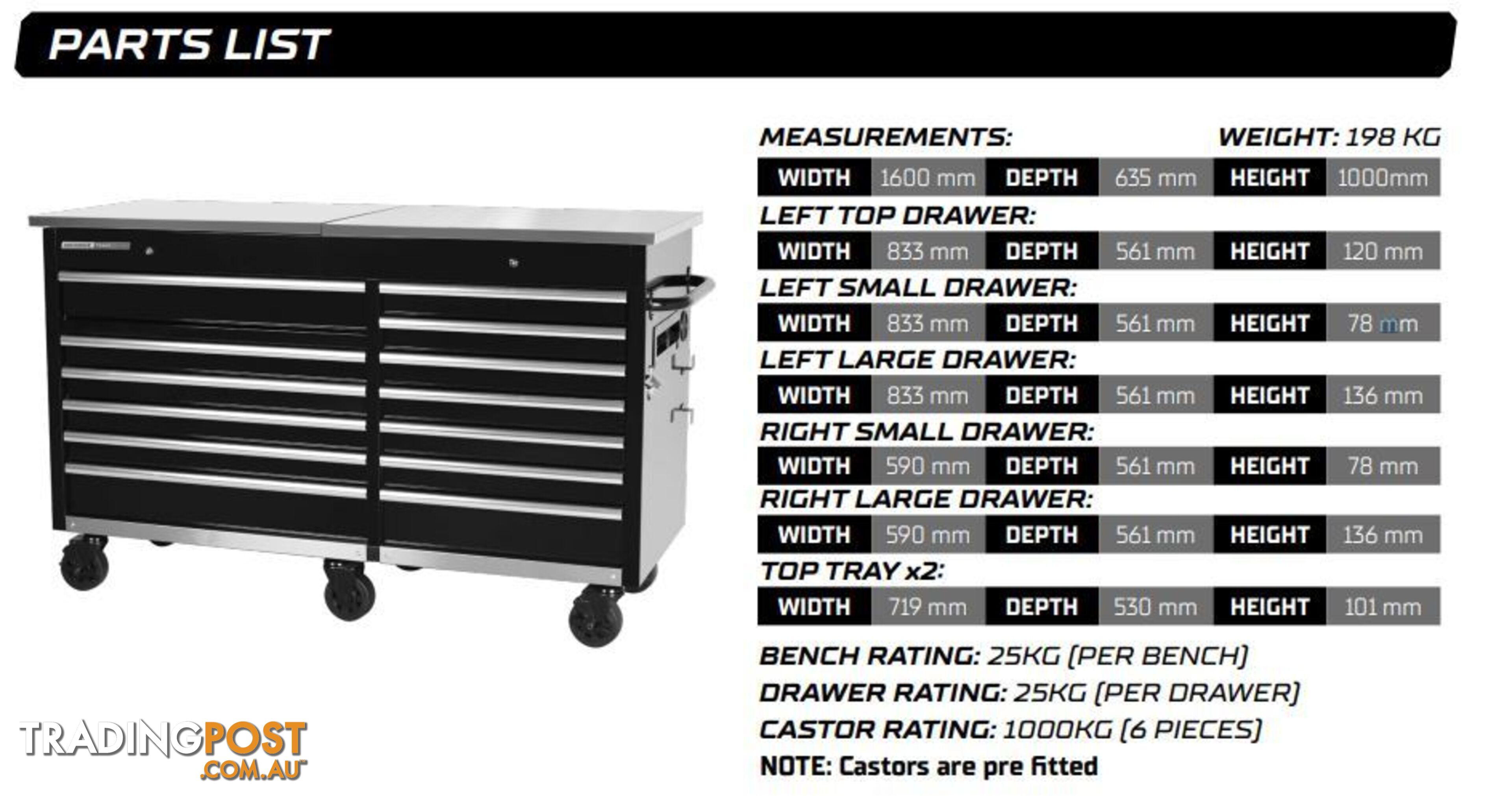 TRADE CENTRE Mobile Bench Twin Lid 13 Drawer (Trolley Only) Kincrome K7371