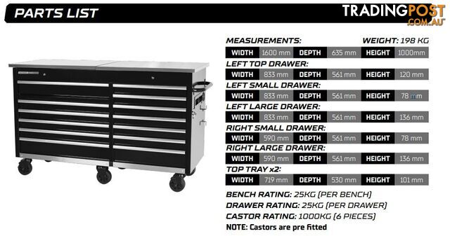 TRADE CENTRE Mobile Bench Twin Lid 13 Drawer (Trolley Only) Kincrome K7371