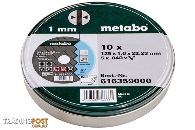 Cutting Disc 125 x 1.0 x 22.23 Inox TF 41 Metabo 616359000 Pack of 10