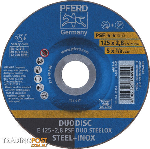 Duodisc Cut-Off & Grind Wheel Inox / Steel E 125mm x 2.8mm Pferd 62012620 Each