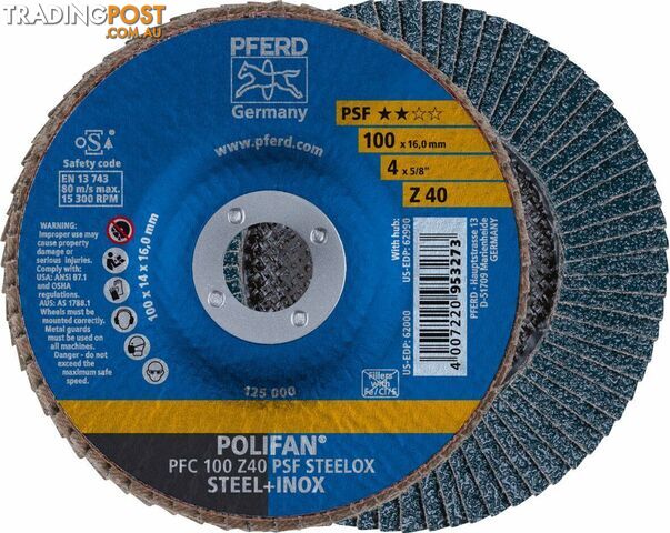 Flap Disc Polifan 100mm 4" 40G GP Zirconia Inox Pferd 67764100 Pack of 10