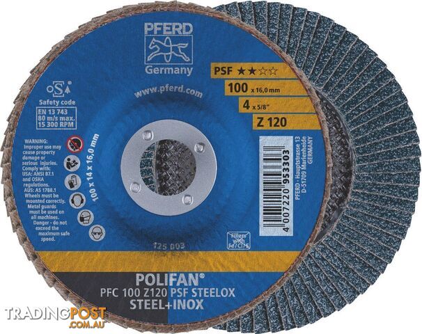 Flap Disc Polifan 100mm 4" 120g Gp Zirconia Inox Pferd 67769100-10 Pack Of 10