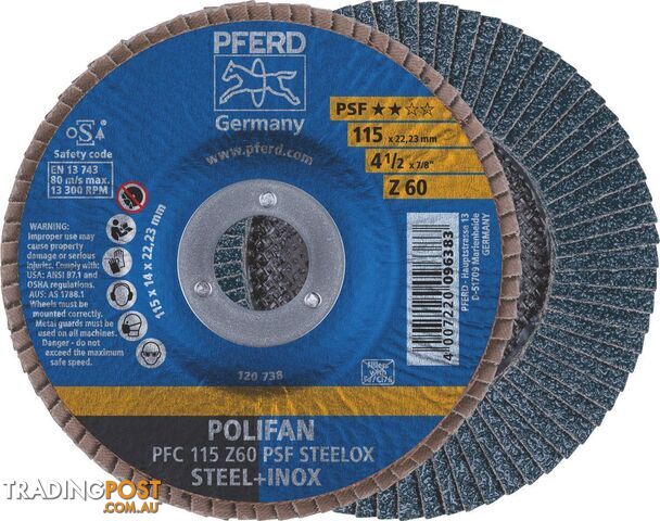 Polifan Flap Disc 115mm 4.5'' 60G GP Inox Zirconia Pferd 67770116 Pack of 5