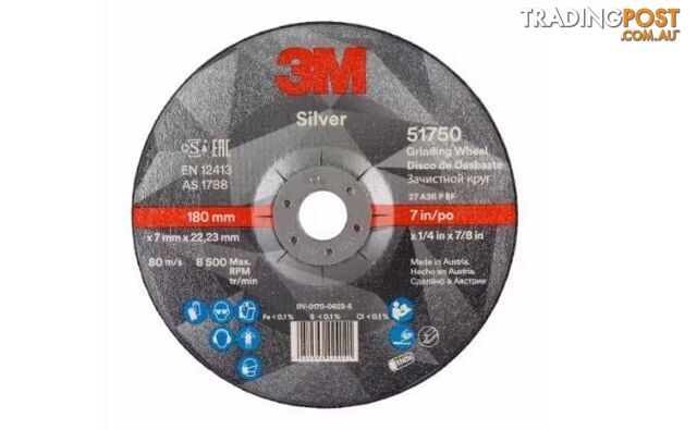 Silver Depressed Centre Grinding Wheel 180x 7x 22.23mm 3M 7100141096 Each