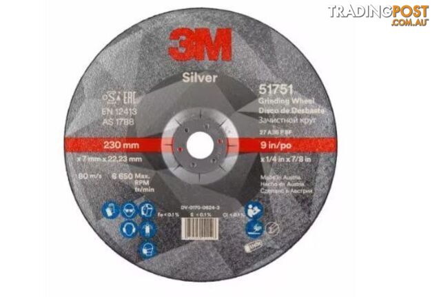Silver Depressed Centre Grinding Wheel 230x 7x 22.23mm 3M 7100141099 Each
