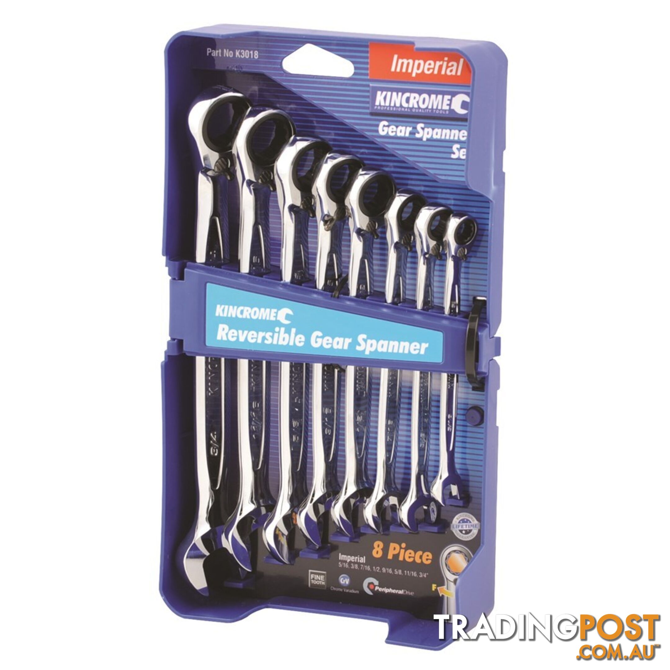 Combination Gear Spanner Set 8 Piece Imperial Reversible Kincrome K3018